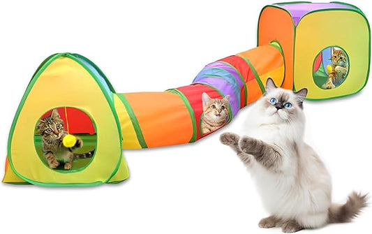 Cat Tunnels for Indoor Cats, Rabbit Tunnel,Pop Up Collapsible Crinkle Interactive Peek Hole, Cat Tube with Play Ball and Bell for Kitten, Puppy, Kitty, Rabbit - Set of 3