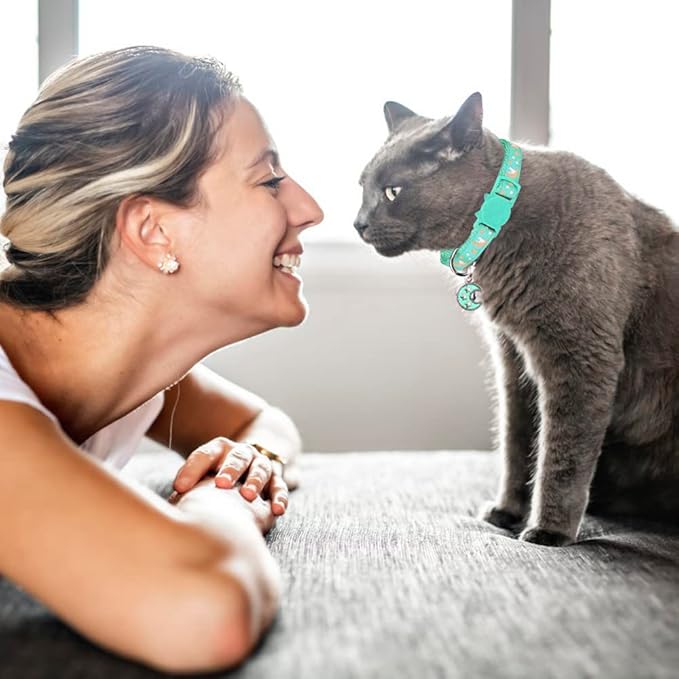 2Pcs Breakaway Cats Collars Cat Collars for Boy & Girl Cats Adjustable Kitten Collars with Bell,Black+Teal,8"-13.1"