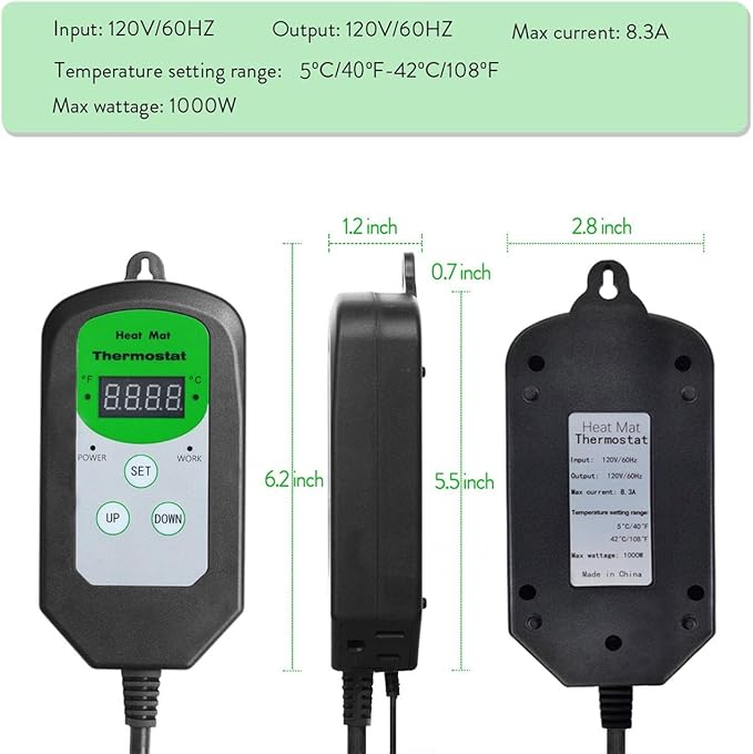 Digital Heat Mat Thermostat Temperature Controller (EMC Certified) for Seed Germination, Reptiles and Brewing Breeding Incubation Greenhouse, 42 °F to 108 °F/ 5 ℃ to 40 ℃, 1000W