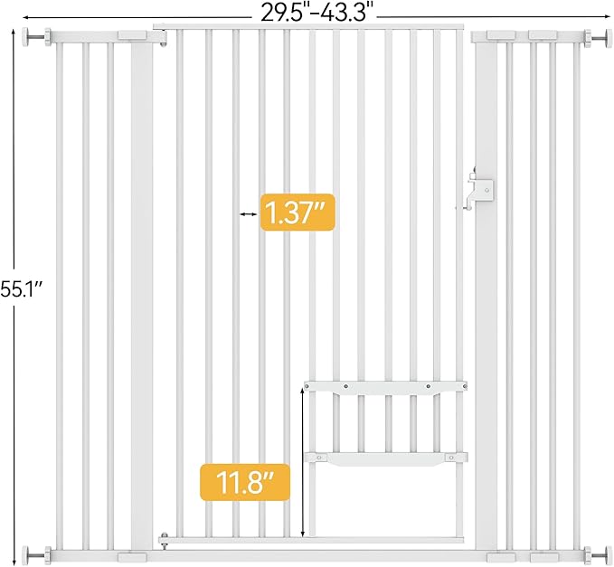 YITAHOME Extra Tall 55" High Metal Dog Gate with Cat Door, 29.5"- 43" Wide Auto Close Pet Gate Indoor for Stairs, Doorways, House, No Drilling Pressure Mount, Sturdy, White