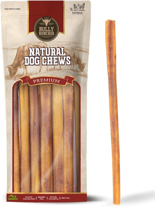 Bully Bunches Premium 12 Inch Standard Odor-Free Bully Sticks for Medium & Large Dogs - Long Lasting Chews for Oral Care - All Natural & Single Ingredient, 100% Beef Dog Treat, Rawhide Free (10 Pk)