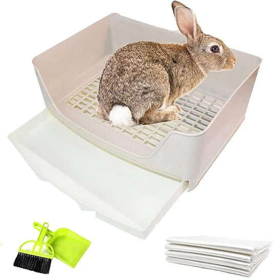 Tfwadmx Large Rabbit Litter Box Bunny Corner Toilet Potty Trainer with Drawer Bigger Pet Pan for Adult Guinea Pig Chinchilla Ferret Hedgehog and Other Animals (Brown)