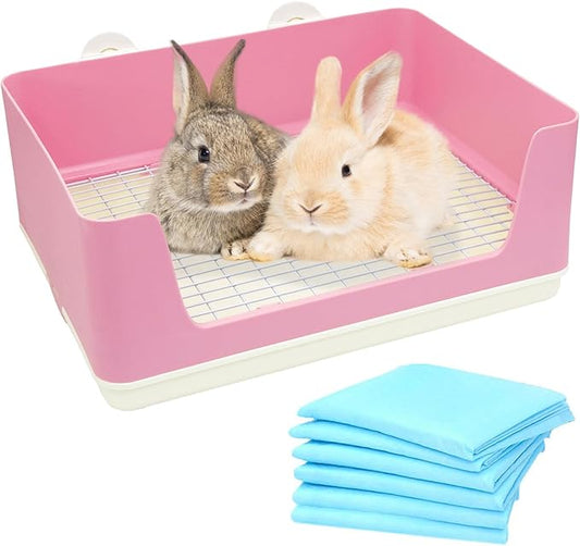 Fhiny Large Rabbit Litter Box for Cage, Plastic Guinea Pig Litter Pan with 6 PCS Disposable Pee Pads Potty Trainer Corner Toilet Box for Bunny Guinea Pigs Ferrets Chinchillas Small Animals (Pink)