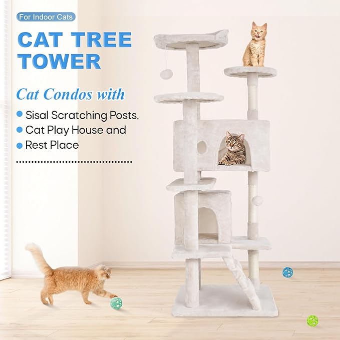 FDW Cat Tree 54in Cat Tower Multi-Level Durable Cat Scratching Post & Cozy Fun Cat Jumping Platform Space Saving Cat Condo Pet Play House for Indoor Cats,Beige