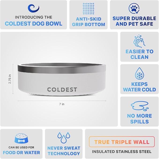 Coldest Dog Bowl - Anti Rust Metal, Non Slip, 3 Layers Insulated Stainless Steel Dog Bowls - Spill Proof & Heavy Duty - Water Bowl for Dogs, Cats & Pets, Dish Washer Safe (42 oz, Epic White)