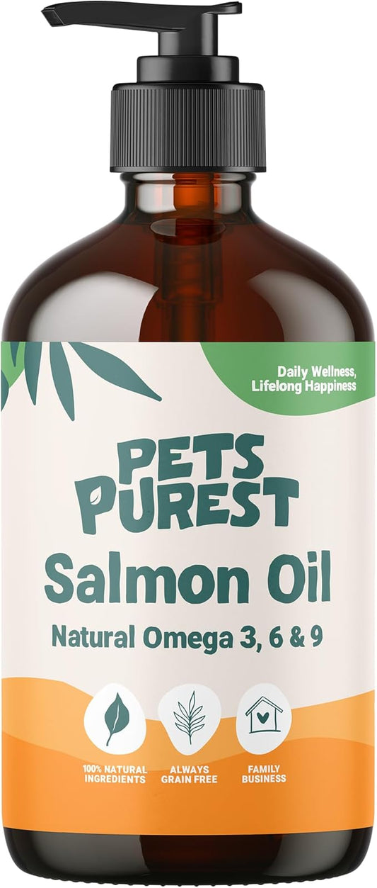 Salmon Oil for Dogs & Cats - Omega 3 Fish Oil for Dogs, Cats and Pets. Skin & Coat Supplement, Dandruff Treatment, Itch Relief & Healthy Joints for All Pets - 8 Oz.