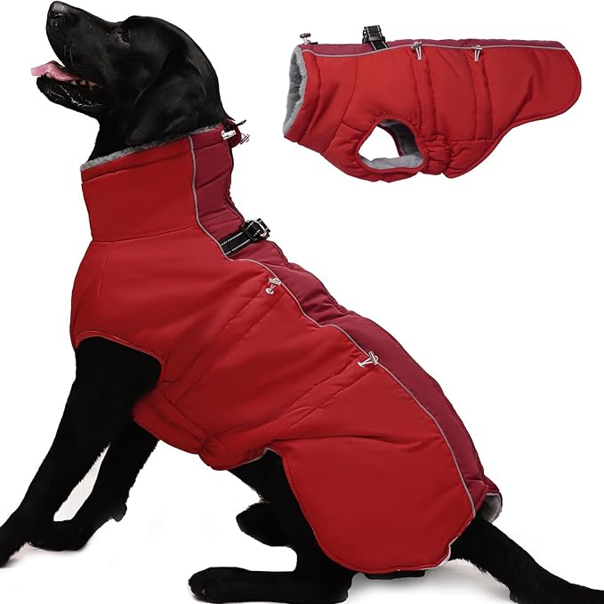 Dog Coat - Warm Winter Jacket Snowsuit for Large Dogs, Water-Resistant, Reflective, Red