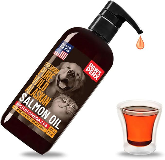 Salmon Oil Food Topper for Pets; Premium-Pure Alaskan Omega 3 Supplement; Improves Taste of Kibble; Supports Skin, Coat & Joints; Sustainably Sourced (One, 16 fl oz Bottle)