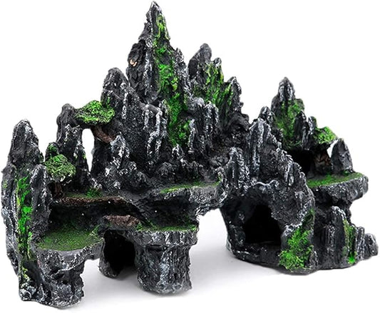PakyKai Large Fish Tank Decorations, Mountain View Aquarium Ornament with Tree House Cave Bridge Artificial Plastic Plants Aquarium Decorations