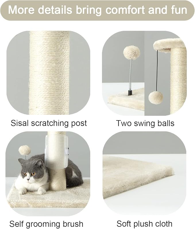PEEKAB 32" Tall Cat Scratching Post Sisal Rope Scratch Posts with Hanging Ball and Self-Massage Brush Vertical Scratcher for Indoor Cats and Kittens(Beige 32inches)