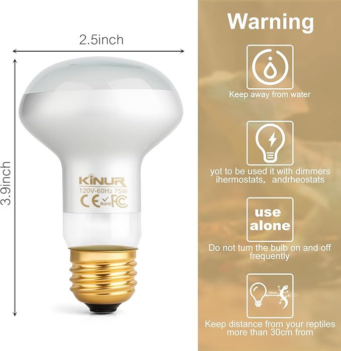 KINUR Reptile Heat Lamp Bulb-75W 2 Pack,UVA Basking Light Heat Lamp Bulbs,Natural Daylight Heating Light for Bearded Dragon,Turtle,Tortoise,Lizard,Snake,Gecko,Chicken with Digital Temperature Strips