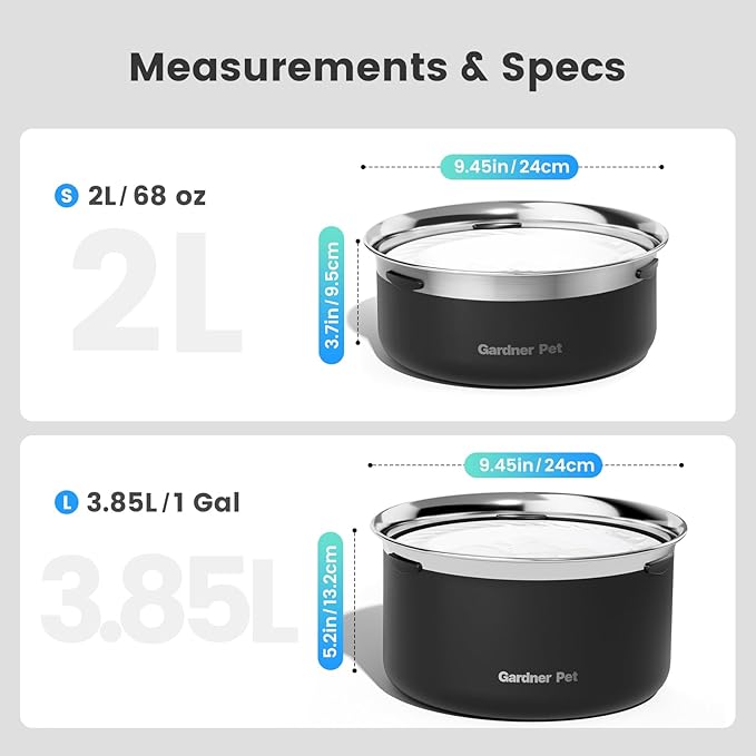 Gardner Pet Dog Bowls 1 Gallon (3.85L) Stainless Steel No Spill Dog Water Bowl, Slow Water Feeder Metal Bowls, Spill Proof Water Dispenser for Large Dogs, Promotes Healthy Hydration(Black)