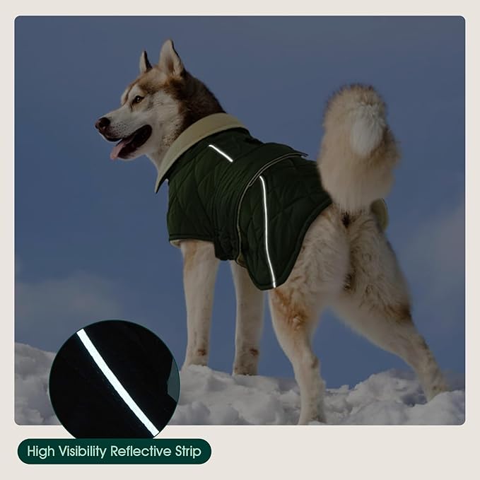 Kuoser Super-Warm Dog Jacket, Windproof Fleece Lined Turtleneck Dog Snowsuit with Reflective Strips, Soft & Adjustable Quilted Puppy Winter Coat Pet Christmas Clothes, Green 3XL