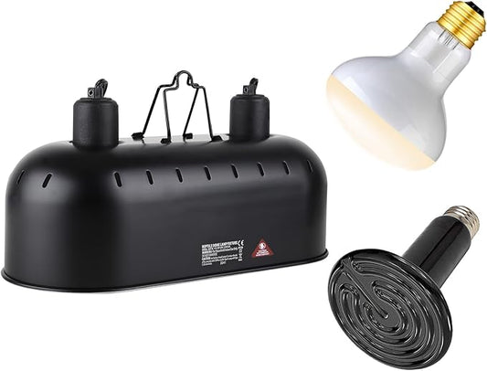 Dual Reptile Light Fixture,Reptile Heat Lamp Fixture with 150W Basking Bulb&Ceramic Heat Emitter,Double Dome Heat Lamp for Lizard,Gecko,Bearded Dragon,Tortoise,Snake,Chameleon