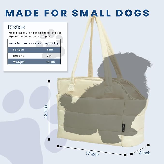 Lightweight Dog Purse Carrier for Small Dogs Under 15 lbs, Puffy Quilted Pet Carrier Tote for Puppies with Safety Leash Clip, Women's Hands-Free Dog Carrier Bag for Travel/Shopping (Beige)