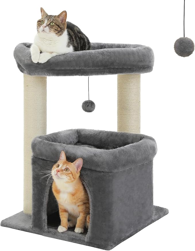 27" Cat Tree for Medium Cats, Cat Tower with Large Top Perch, Full Wrapped Natural Sisal Scratching Posts for Indoor Cats with Spacious Condo & Toy Ball, Grey