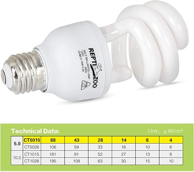 REPTI ZOO 15 W UVA UVB 5.0 Reptile Lights Energy Saving Reptile Heat Lamp UVB Bulb Spiral Compact Bulb Fit for Rainforest Type Reptile/Snake/Lizard/Insect/Turtle/Tortoise