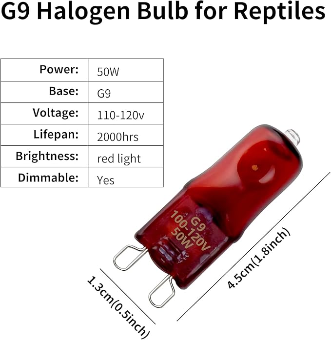 G9 Red Heat Lamp Bulbs for Reptiles 50W 4Pack,Mini Night Halogen Light Bulbs,Dimmable Infrared Heat Light for Tortoise,Turtle,Gecko,Bearded Dragon,Lizard Tank