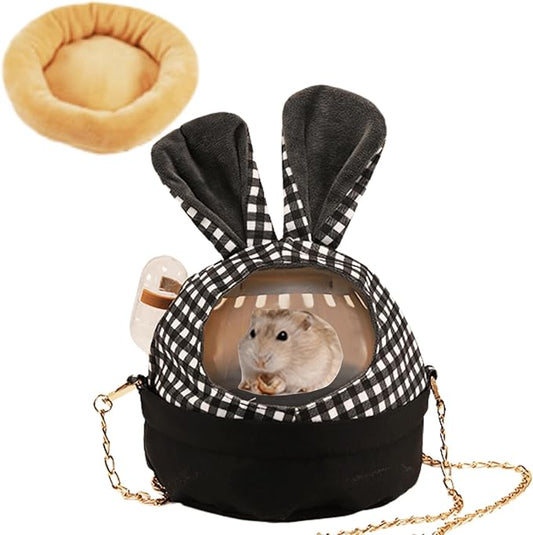 Hamster Carrier Cage with Lovely Cover and Chain Portable Cages Small Animals Carry Travel Case with Water Bottle Plastic Breathable Outgoing Cage for Dwarf Hamster Guinea Pig (Black)