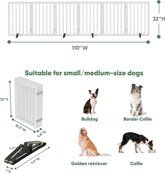 Dog Gates for Doorways, Tall Dog Gate Indoor, Foldable Pet Gates for Doorways Bedroom, Freestanding Puppy Gate with Metal Support Feet, Room Divider,6 Panels (White)