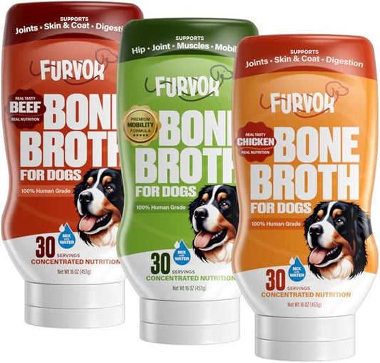 Beef, Chicken & Mobility Bone Broth Concentrate for Dogs - Collagen Protein, Amino Acids, Glucosamine for Digestion, Skin & Coat, Immune System, & Joint Support, Human Grade (3pk, 90 Servings)
