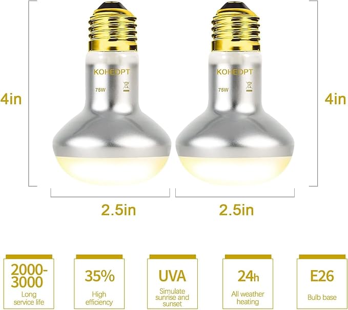 Reptile Heat Lamp 75W, (2 Pack) UVA Basking Spot Heat Lamp Bulbs, Turtle,Lizard,Chicken Brooder,Natural Daylight Heating Light for Bearded Dragon