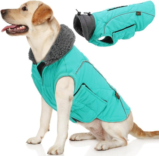 EMUST Winter Dog Coat for Medium Boys - Thick Clothes with Harness Hole for Cold Weather - Turquoise, M