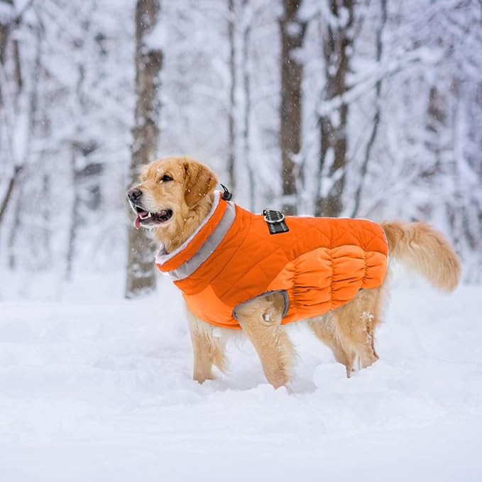 Lelepet Dog Coat Warm Dog Winter Coat Waterproof Dogs Jacket with Harness Built in Reflective Pet Fleece Vest Zip-Up Cold Weather Coats for Large Dogs Turtleneck Windproof Coats Boxer Blaze Orange XL