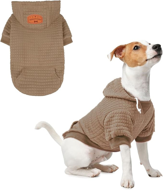 BEAUTYZOO Small Dog Hoodie Sweater with Pockets, Dog Clothes for Small Medium Dogs Boy Girl, Waffle-Like Laminated Cotton Pet Coats with Hat and Leash Hole, Khaki XXS