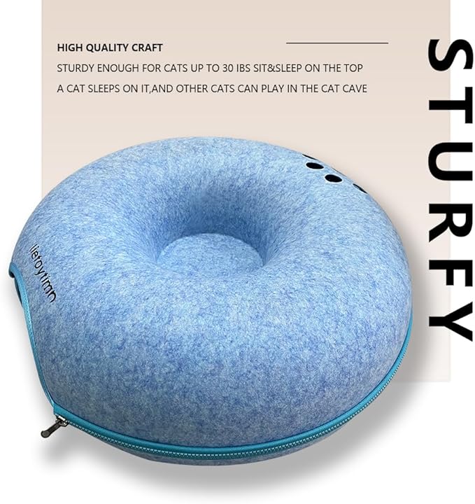 Tunnel nest, Donut nest, Fun Ventilation peep Hole, Detachable Zipper cat Bed, Felt Washable, All Season Universal cat Bed Suitable for Cats (Sky Blue, Small)