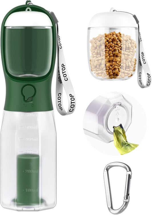 20oz Dog Water Bottle with Food Container & Poop Bag Dispenser | Leak-Proof Portable Pet Water Dispenser with Carabiner Clip | for Walking, Hiking, Travel