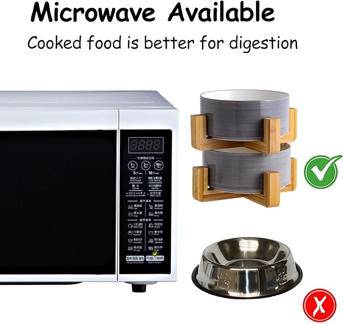 Petygooing Ceramic Cat Dog Bowl Set with Stand, Pet Food and Water Bowl,Medium Pet Dishes Anti Slip Set of 2 Cat Dog Bowls-Cute Modern Pet Food Bowls Small Medium Size (28 OZ /3.6 Cups) Grey White