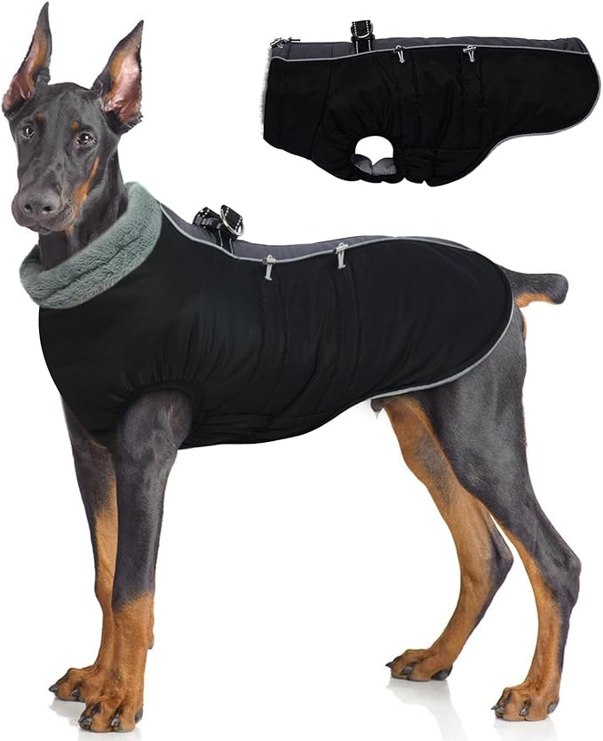 IDOMIK Warm Dog Coat with Harness Built-in, Thick Fleece Dog Winter Jacket with High Collar&Zipper, Waterproof Reflective Dogs Cold Weather Coats for Extra Large Dogs, Pet Snow Jacket Vest(Black,3XL)