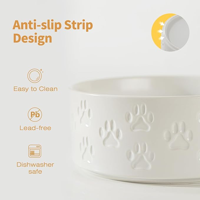 Ceramic Dog Bowl Set with Anti-Slip Rings for Medium Breed Dogs, 7.3" Food and Water Bowls, Pet Dishes for Medium-Sized Dogs (Double Bowls - White, 7.3 inch)