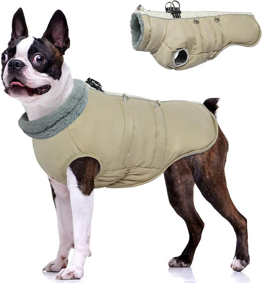 IDOMIK Warm Dog Coat with Harness Built-in, Thick Fleece Dog Winter Jacket with High Collar&Zipper, Waterproof Reflective Dogs Cold Weather Coats for Large Dogs, Pet Snow Jacket Vest(Apricot,L)