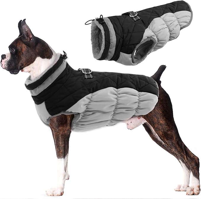 Lelepet Dog Coat Warm Dog Winter Coat Waterproof Dogs Jacket with Harness Built in Reflective Pet Fleece Vest Zip-Up Cold Weather Coats for Large Dogs Turtleneck & Windproof Coats Boston Terrier Black