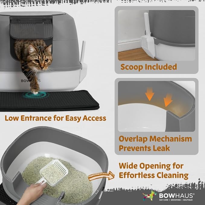 Detachable Cat Litter Box with Lid, 3-in-1 Cat Toilet of Cats, Large Space Anti-Leakage Cat Litter Box with Scoop, Cat Mat & Odor Fitter, Dark Grey