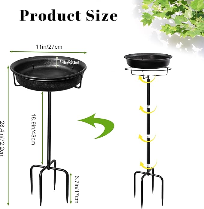28In Freestanding Birdbaths Bowl Outdoor, Free Standing Garden Bird Bath Bird Feeder Bowl with Metal Stake, Detachable Decoration Spa Birdfeeder for Garden Patio Yard Lawn, 4 Spiky Feet (Free)