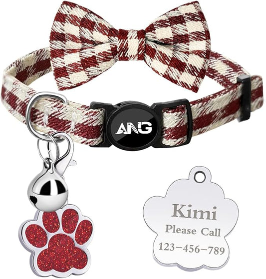 Personalized Breakaway Cat Collars - ID Tag, Bell, Bowtie - Safety Quick-Release, Customized for Girls & Boys Cats (Houndstooth-Wine Red)