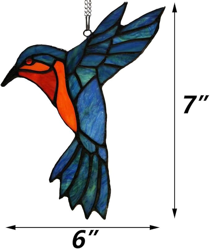Bieye W10048 Hummingbird Tiffany Style Stained Glass Window Hangings Suncatcher with Chain and Suction Cup Hook (7" W x 6" H)