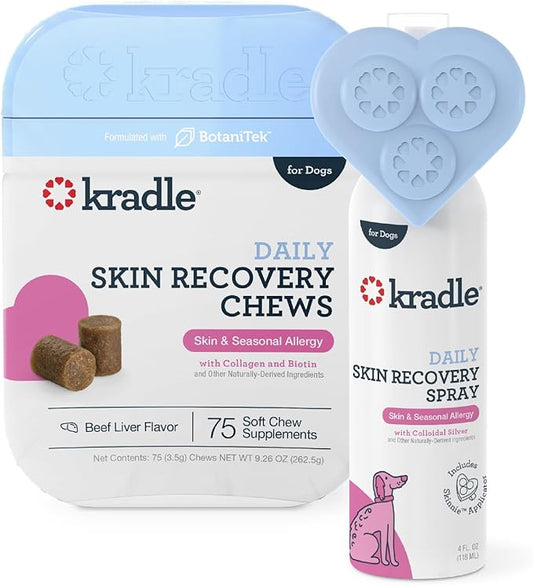 Kradle Skin Recovery Chews for Dogs - Biotin Collagen Zinc + Anti-Itch Spray - Soothes Environmental Skin Irritation - 75 Chews + 4oz Spray