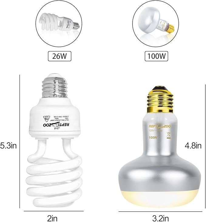 REPTI ZOO Reptile Heat Lamp Combo Pack with Dual Reptile Light Fixture, 100W Intense Basking Spot Light UVA Daylight Heating Lamp & 26W Energy Saving UVA UVB Bulb Spiral Compact Bulb 10.0