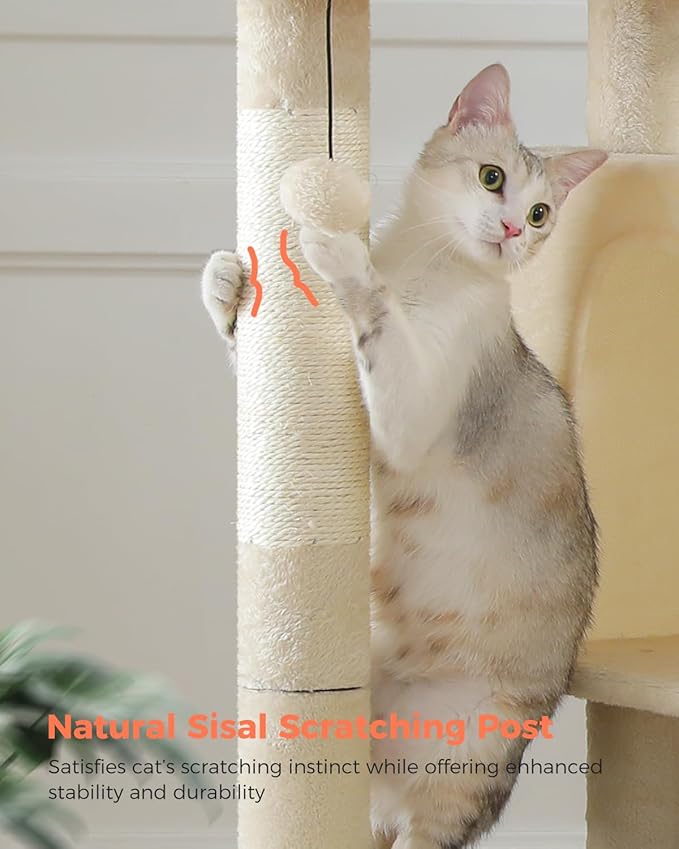 XL Cat Tree 44" Cat Tower for Large Cats 20 lbs+, 2 Spacious Caves with 3.4" Thickened Scratching Post, Large Top Perch, 2 Interactive Toys, Beige