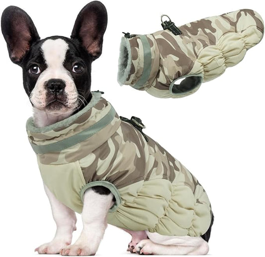 Lelepet Dog Coat Warm Dog Winter Coat Waterproof Dogs Jacket with Harness Built in Reflective Pet Fleece Vest Zip-Up Cold Weather Coats for Small Dogs Turtleneck & Windproof Coats Yorkie Desert Camo S