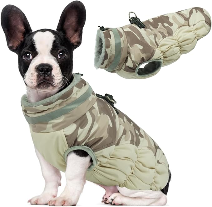 Lelepet Dog Coat Warm Dog Winter Coat Waterproof Dogs Jacket with Harness Built in Reflective Pet Fleece Vest Zip-Up Cold Weather Coats for Dogs Turtleneck & Windproof Coats Chihuahua Desert Camo XS