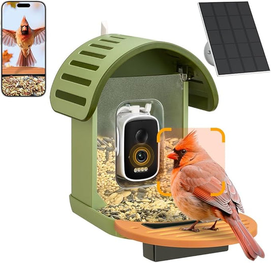 Smart Bird Feeder with Camera, 2.5K UHD Bird Feeder Camera Solar Powerd, Sensitive AI Identification, Instant Alerts Capture Video, IP66 Waterproof for Outdoor, Ideal Gift, Green