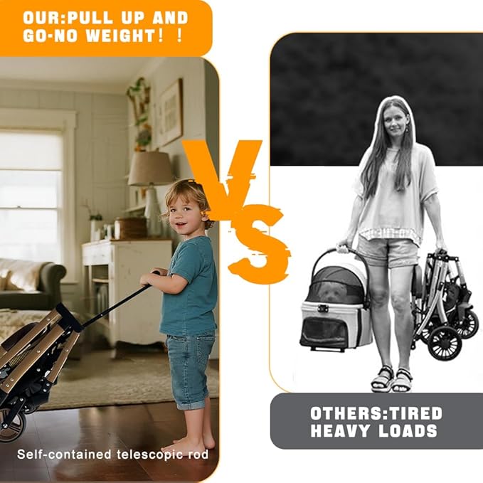 Pet Stroller for Small & Medium Dogs Cats up to 55 lbs 4-in-1 Foldable Travel Pet Stroller with Detachable Carrier Lightweight All-Terrain Spring Damping,Car Seat,Sun Canopy,Khaki