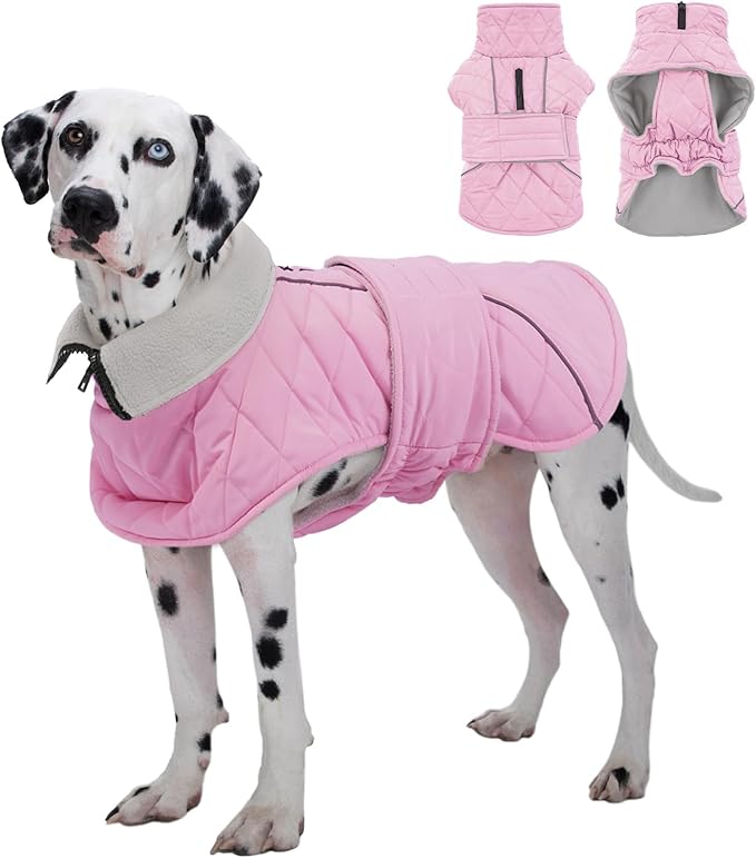 Kuoser Dog Coat, Super-Warm Dog Jacket Windproof Dogs Cold Weather Coats for Extra Large Dogs, Fleece Lining Turtleneck Puppy Snowsuit Reflective Adjustable Pet Winter Clothes Christmas, Pink 3XL