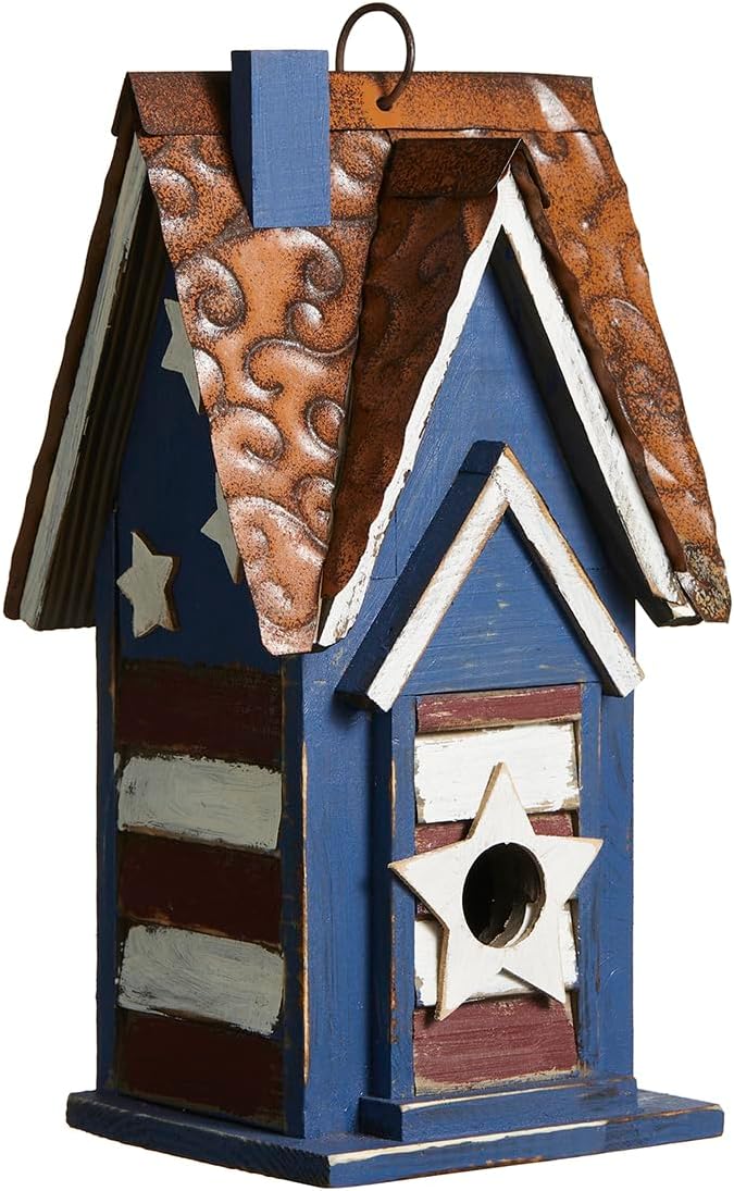 Glitzhome 12.25" H Patriotic Solid Wood Hanging Birdhouse for Outside, Decorative Pet Cottage Villa Distressed Wooden Bird House with 3D Star for Garden Patio Backyard