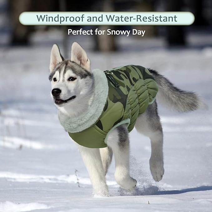 Lelepet Dog Coat Warm Dog Winter Coat Waterproof Dogs Jacket with Harness Built in Reflective Pet Fleece Vest Zip-Up Cold Weather Coats for Medium Dogs Turtleneck & Windproof Dachshund Green Camo M